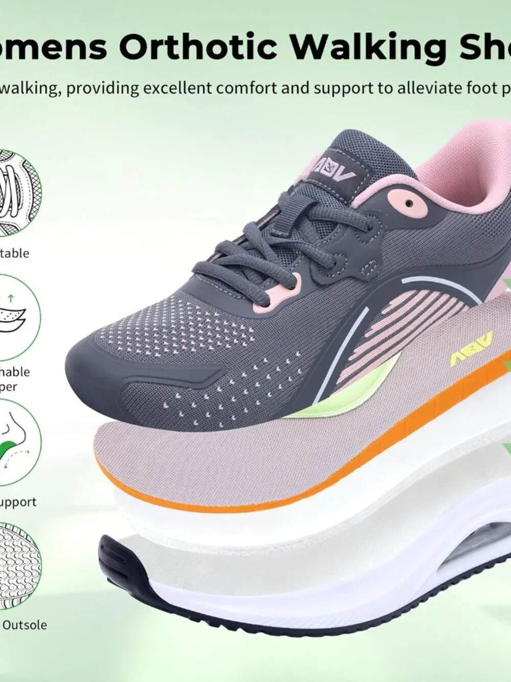 Women's Grey-pink Walking Shoes Orthotic Tennis Sneakers for Foot Pain Relief